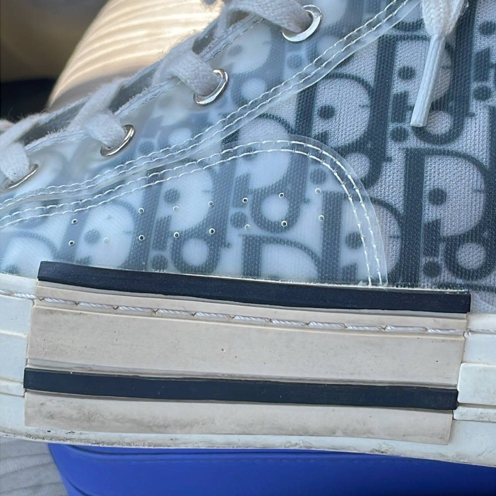 Dior White and Blue High-Top Sneakers with Monogram Pattern - Picture 10 of 10